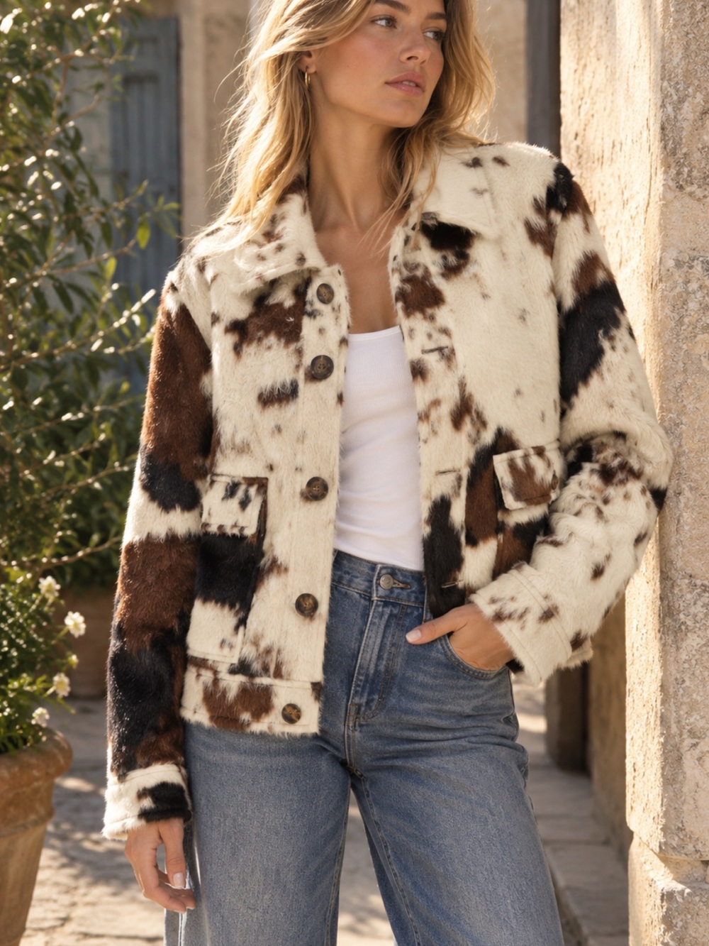 Bernardo Dakota Cow Print Jacket in Cream and Brown